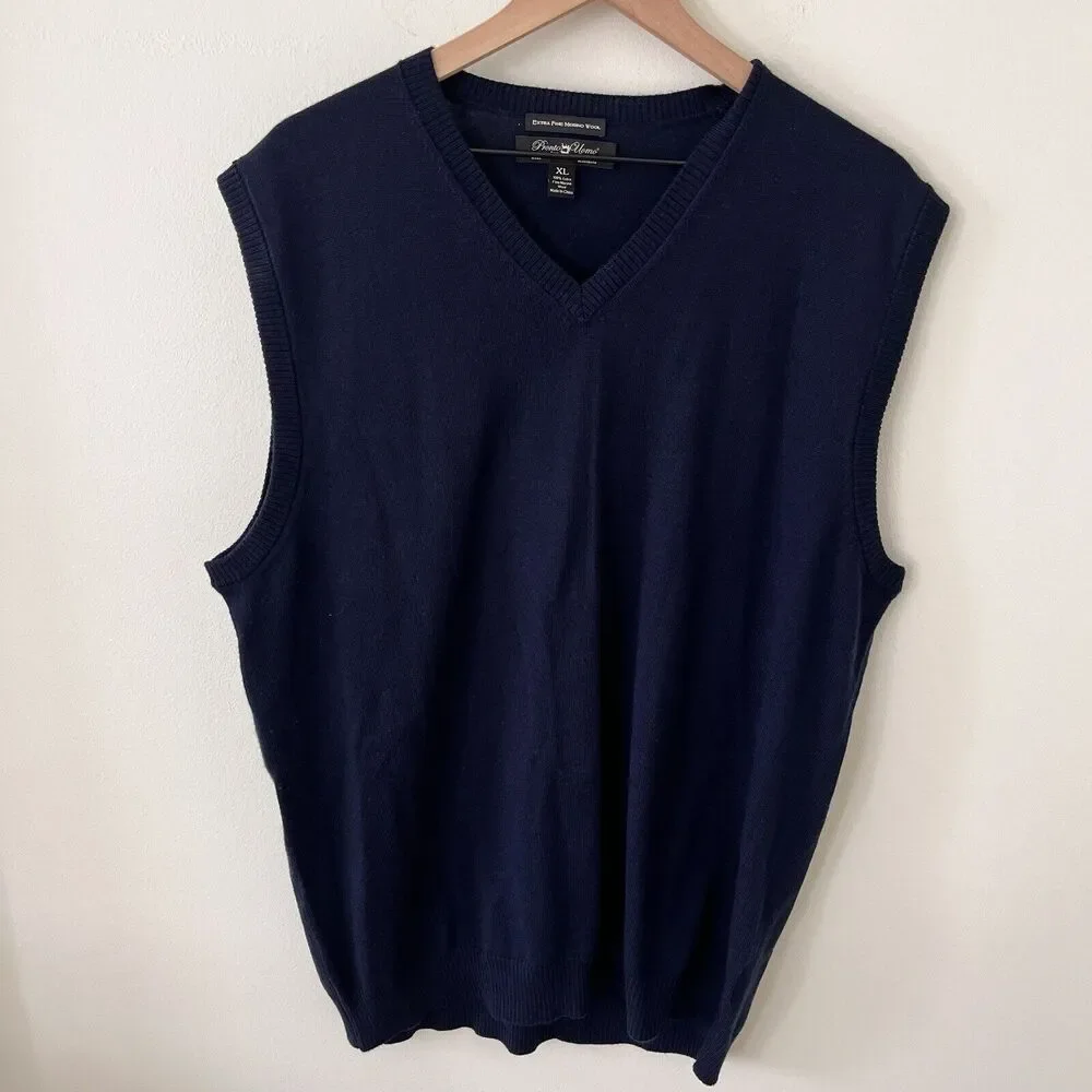 Pronto Uomo Sweater Vest Men's XL Blue 100% Merino Wool V Neck Sleeveless Casual - Picture 1 of 5